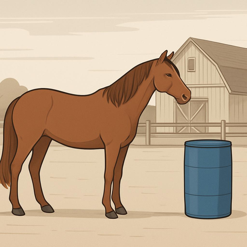 Physical description of a brown horse standing outside a barn.