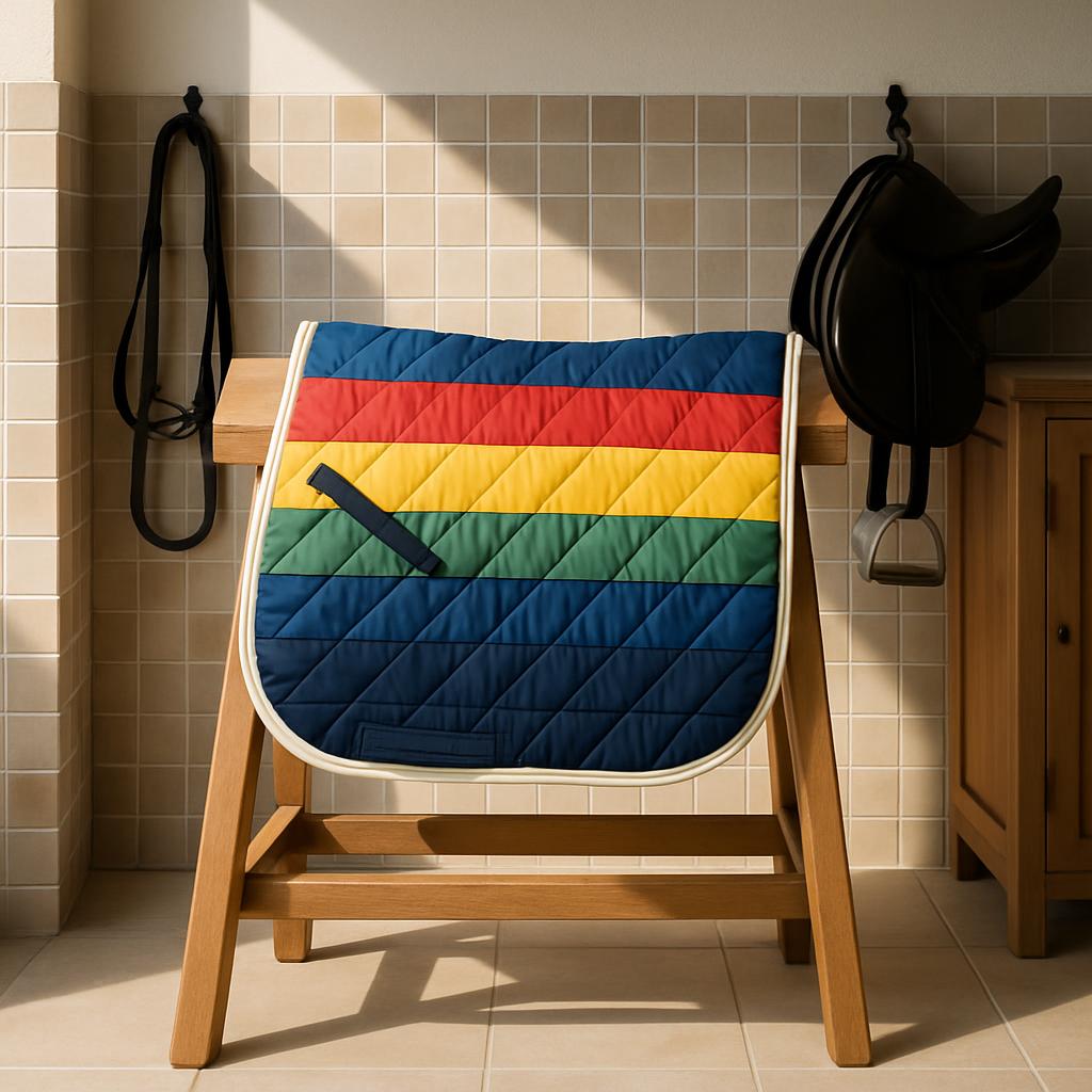 A blue, yellow, red, and green equestrian saddle pad reclines on an A-frame wooden horse stand to the left, accompanied by...